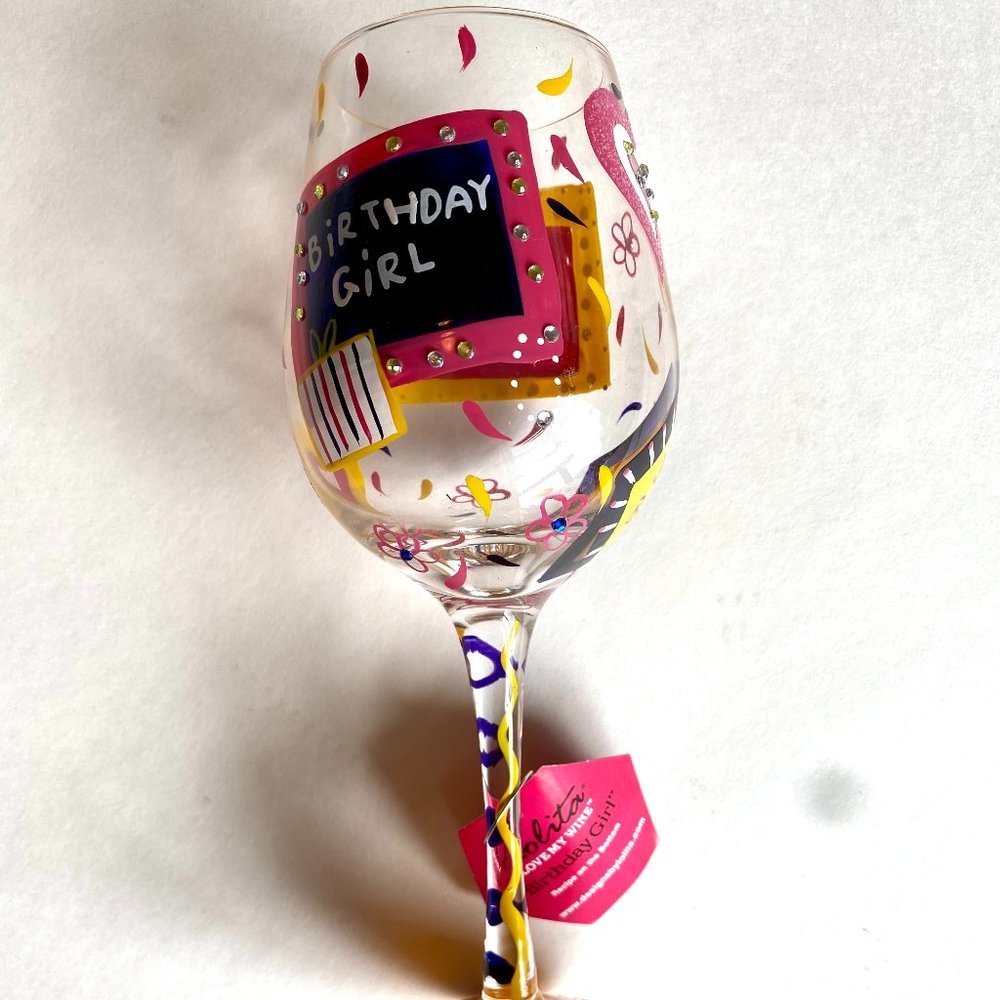 NWT Colorful Hand-painted Lolita Wine Glass Happy Birthday Gift Birthday Girl